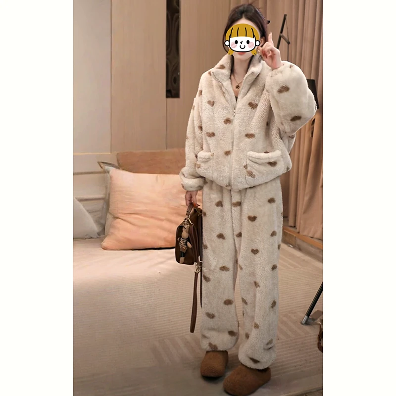 立领珊瑚绒睡衣女款爆款2025新款款加绒加厚休闲保暖家居服套装冬