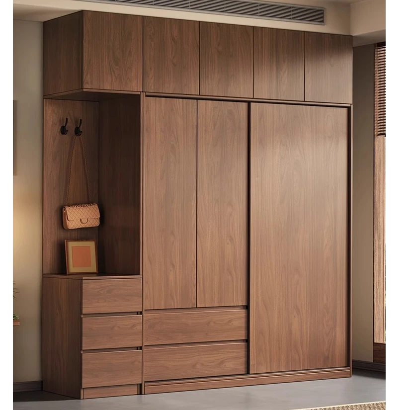 实木衣柜家用卧室胡桃色移门储物柜子2025爆款新中式轻奢木质