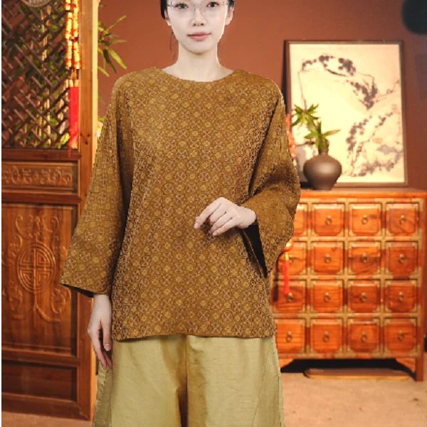 60姆米桑蚕丝香云纱宋锦双面穿幸运四叶草上衣A-TY-t24306