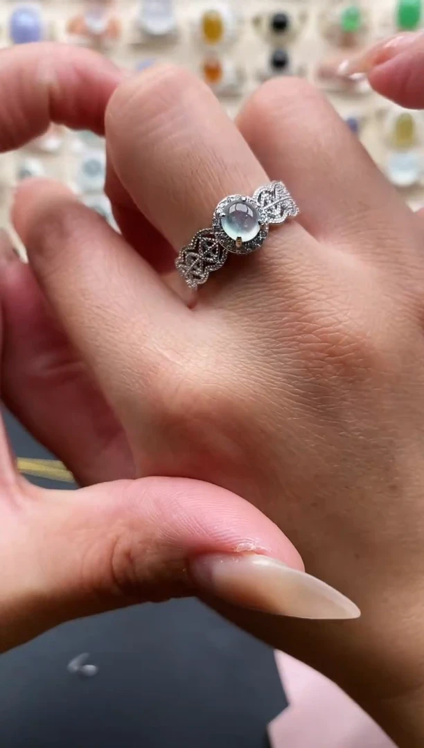 银S925镶嵌戒指翡翠缅甸天然翡翠A货1 8-10