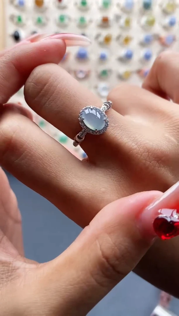 【闪购商品】翡翠戒指银S925镶嵌缅甸天然A货翡翠555 6+5