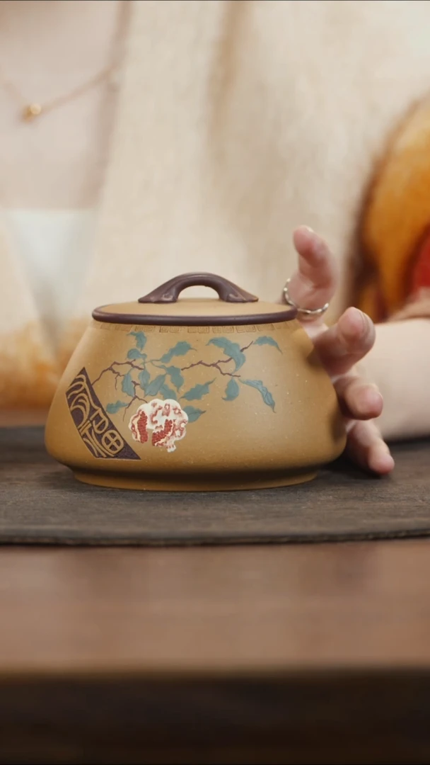 【闪购商品】紫砂茶叶罐段泥如意石瓢罐泥绘石榴