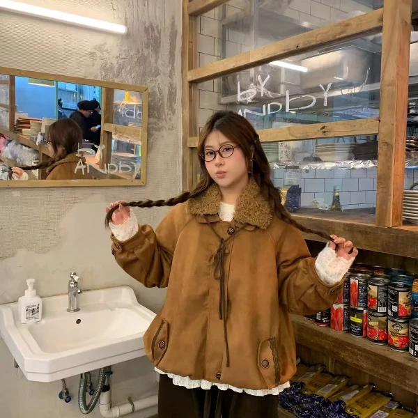 胖欣欣毛领秋冬季美式时尚套装女复古短外套毛绒大衣上衣韩版套装