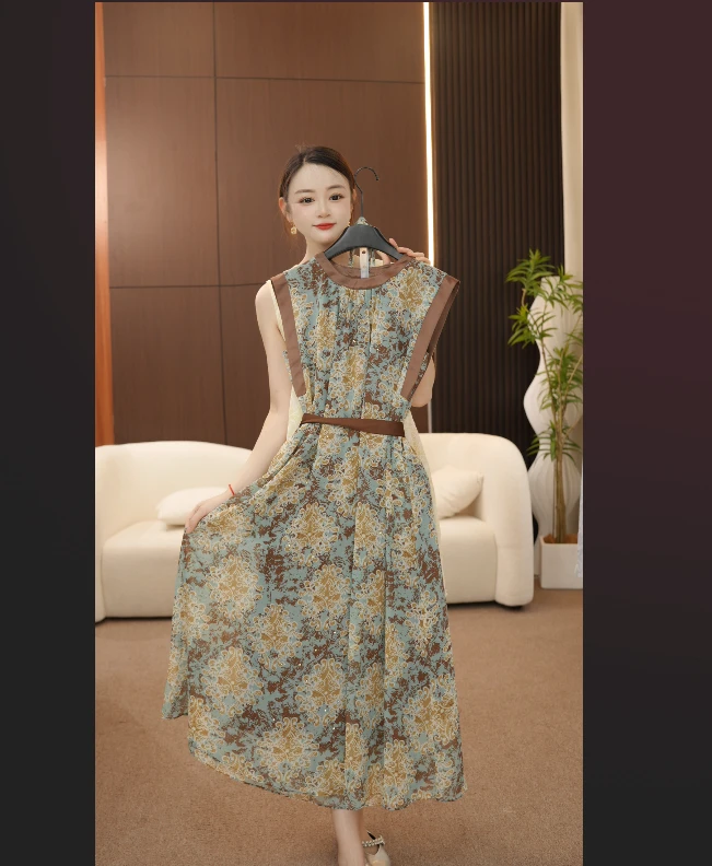 【小凌子】欧式国风圆领无袖百搭连衣裙显瘦法式收腰印花Y260248