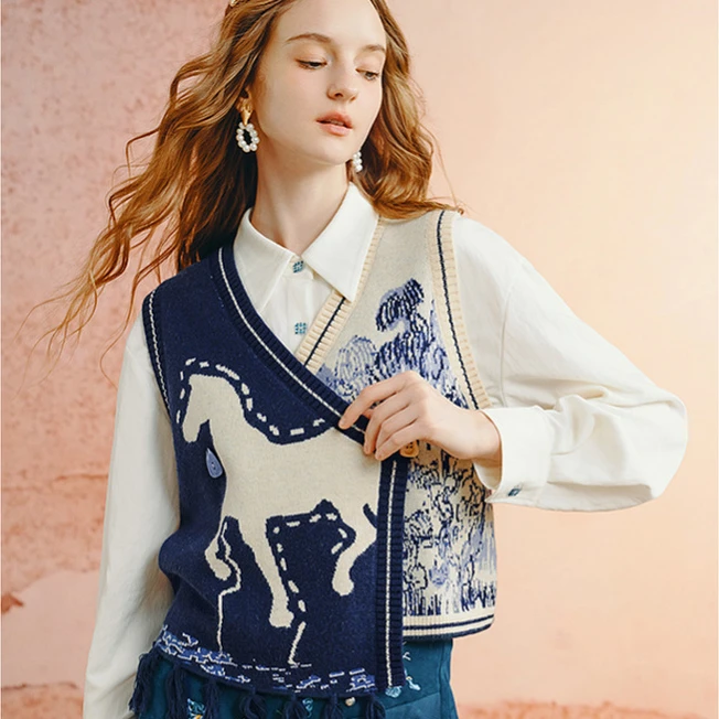 【两三事】梵高 旷野诗行复古流苏下摆花色无袖针织开衫