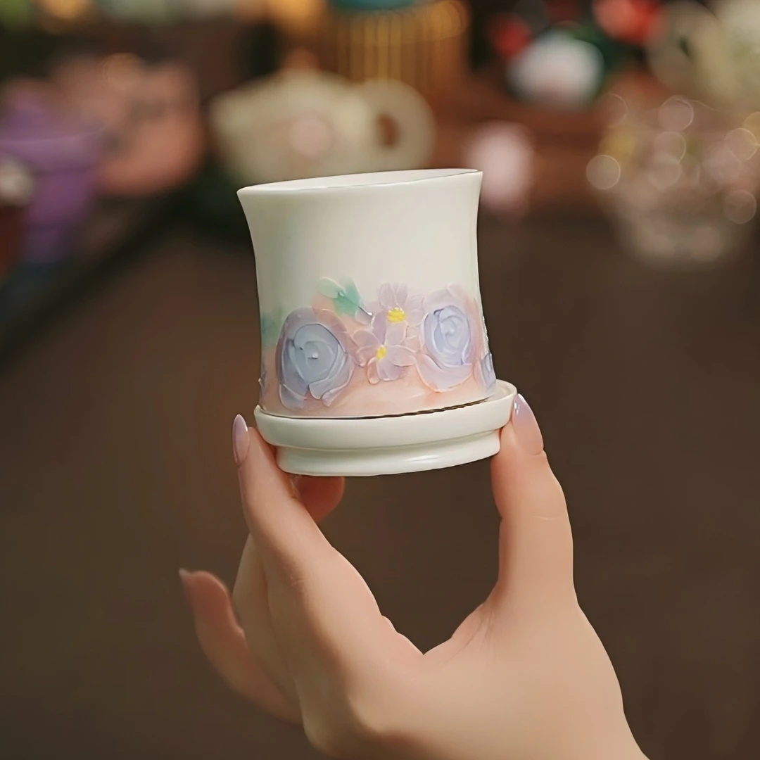 花影纯手绘釉下堆绘玫瑰花油画风优雅陶瓷茶具转转杯（80ml）