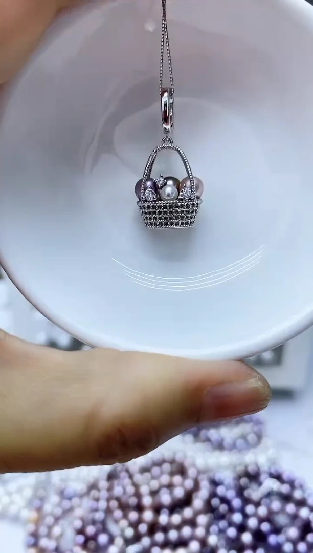 银S925镶嵌淡水珍珠耳饰花篮吊坠