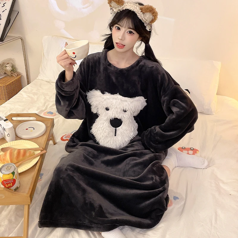 睡裙女冬季法兰绒长袖卡通可爱少女加厚柔保暖过膝网红外穿家居服