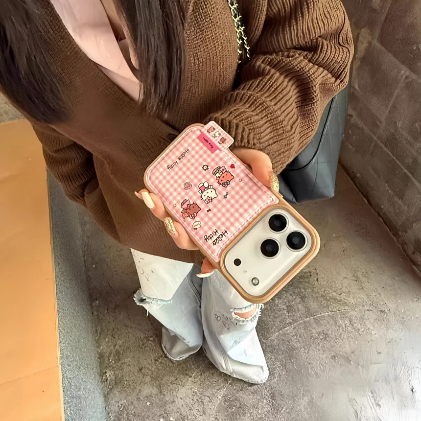 ins韩系可爱少女粉格纹kt适用iPhone17ProMax手机壳苹果16/15女13