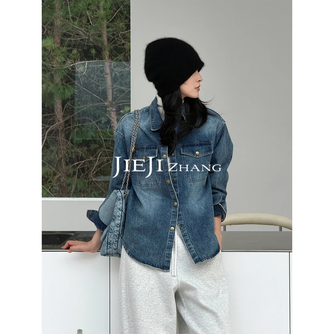 满目ManMu 【张琪专属】高级定制秋冬时尚百搭棉牛仔衬衫350646