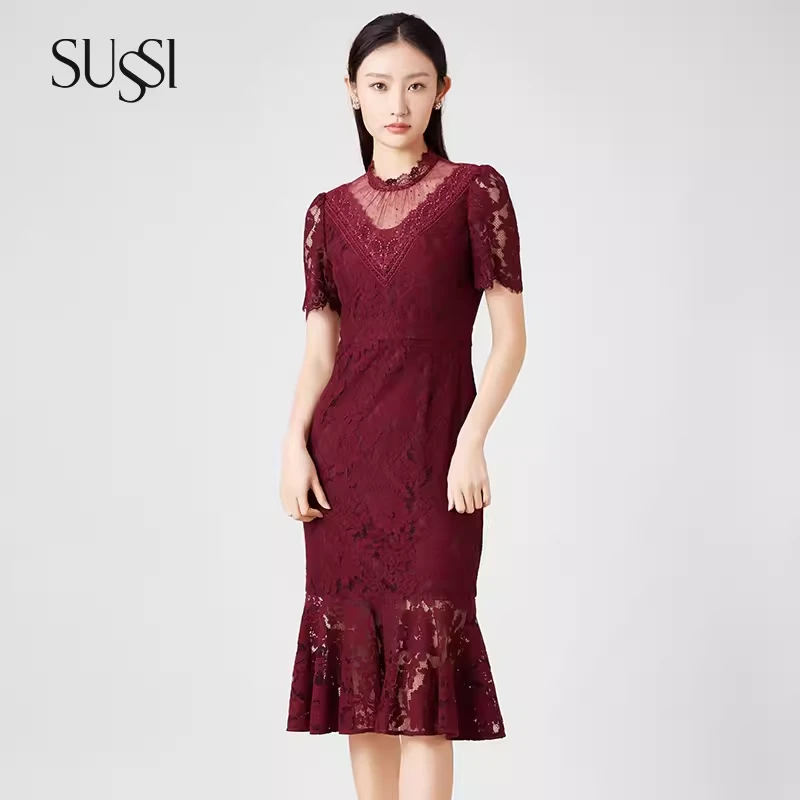 SUSSI/古色25夏商场同款酒红色蕾丝宫廷风喜婆婆婚宴装连衣裙女