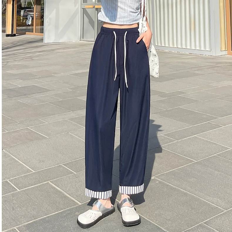 夏季新款卷边条纹裤女九分裤薄款裤子2502