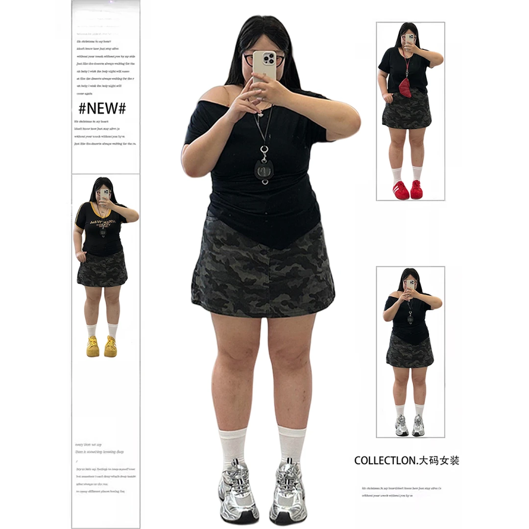 胖MM遮肉女装短裙辣妹高腰迷彩色牛仔半身裙女梨型学生显瘦a字裙