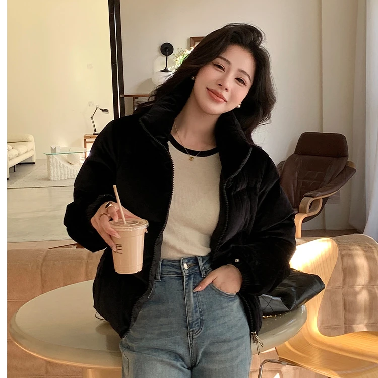 悦享女装2024冬季新款黑色丝绒保暖羽绒服立领加厚鹅绒服外套上衣