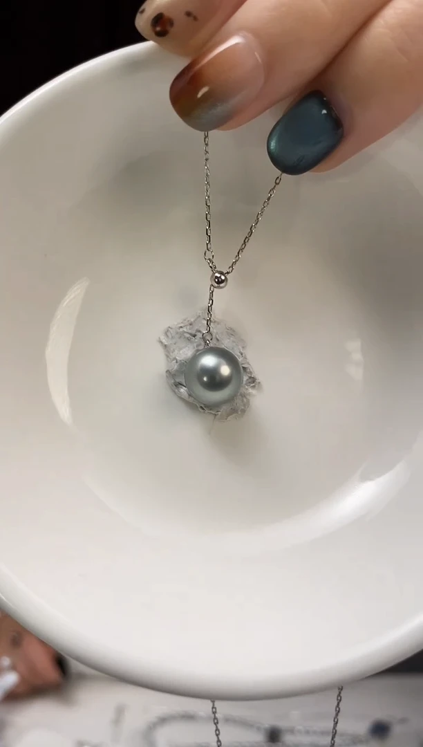 项链银S925镶嵌海水珍珠9-10大溪地黑珍珠项链