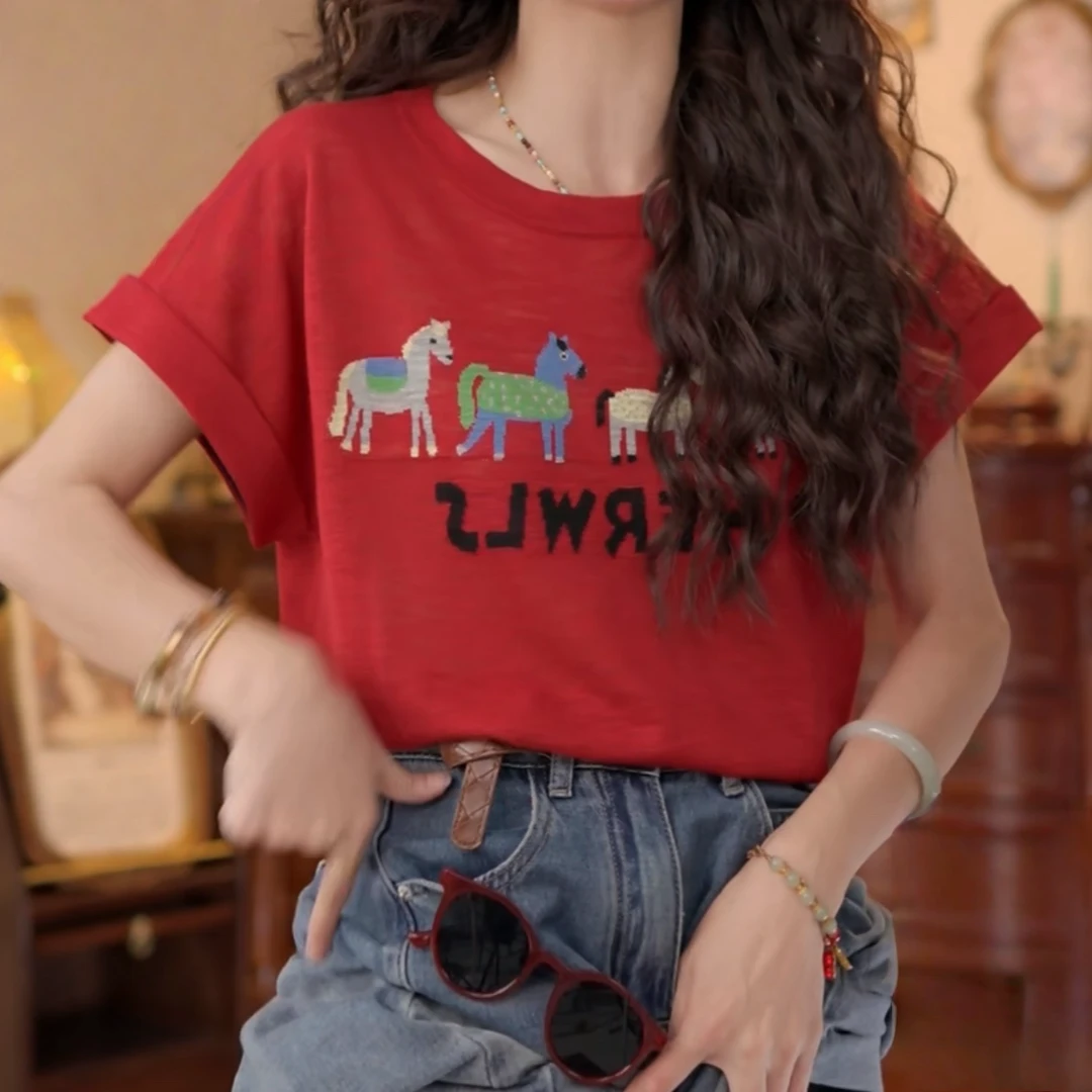 港风复古宽松夏季百搭短袖T恤女2025新款设计感小众时尚圆领上衣