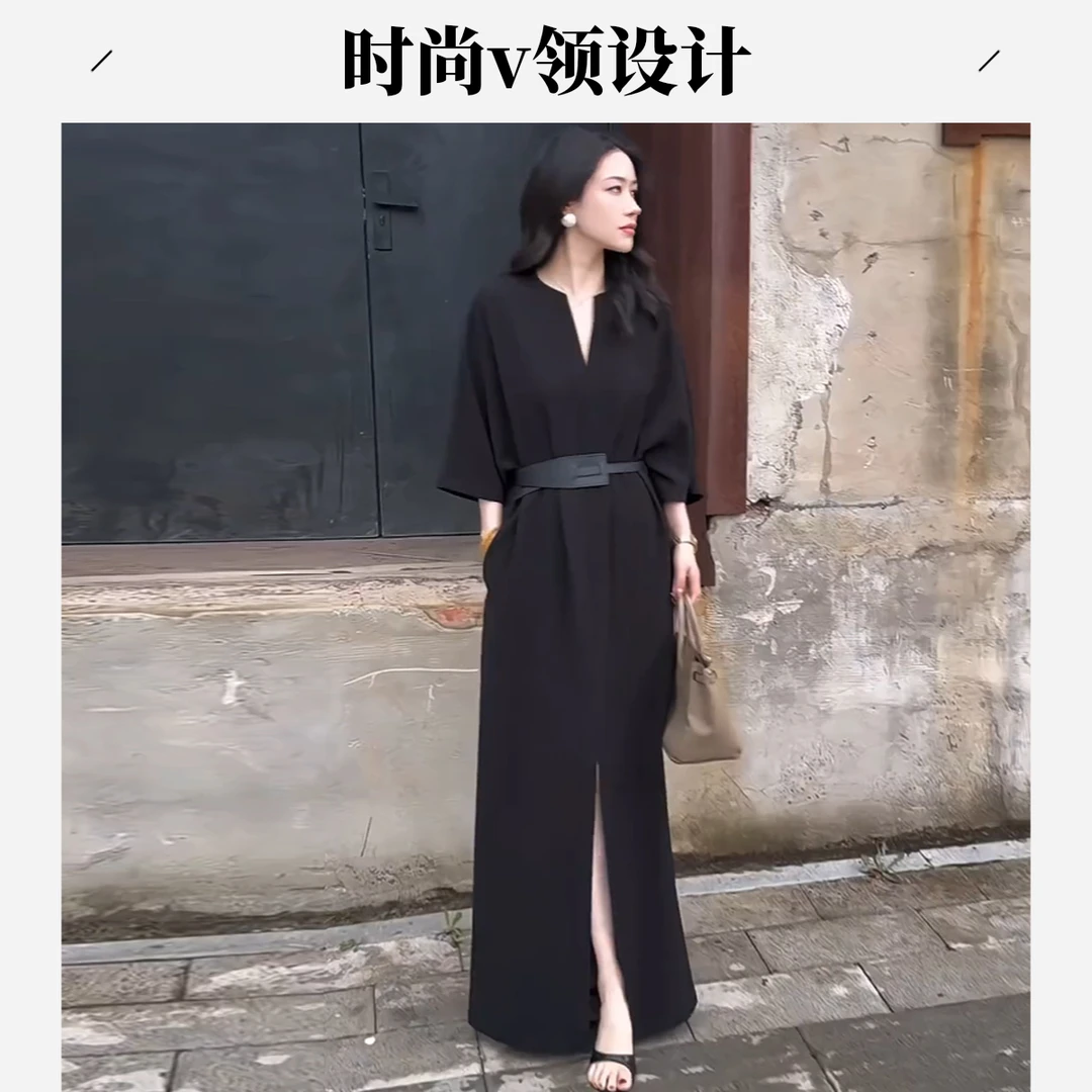 法式时尚连衣裙女2025秋季新款洋气宽松显瘦中袖V领收腰开叉长裙