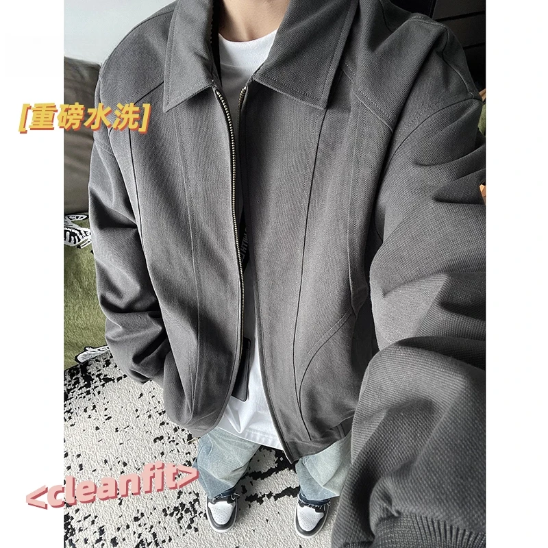 哈灵顿重磅水洗夹克cleanfit简约春秋座山雕翻领工装外套潮