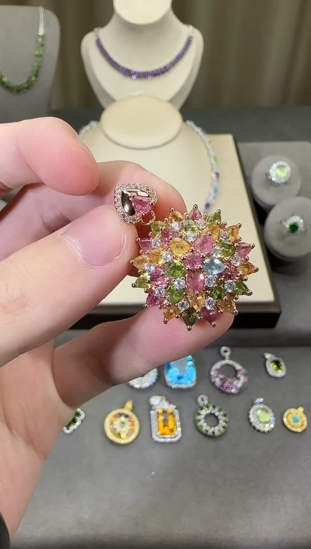 颈饰银S925镶嵌碧玺23mm吊坠繁花设计款多样性发一