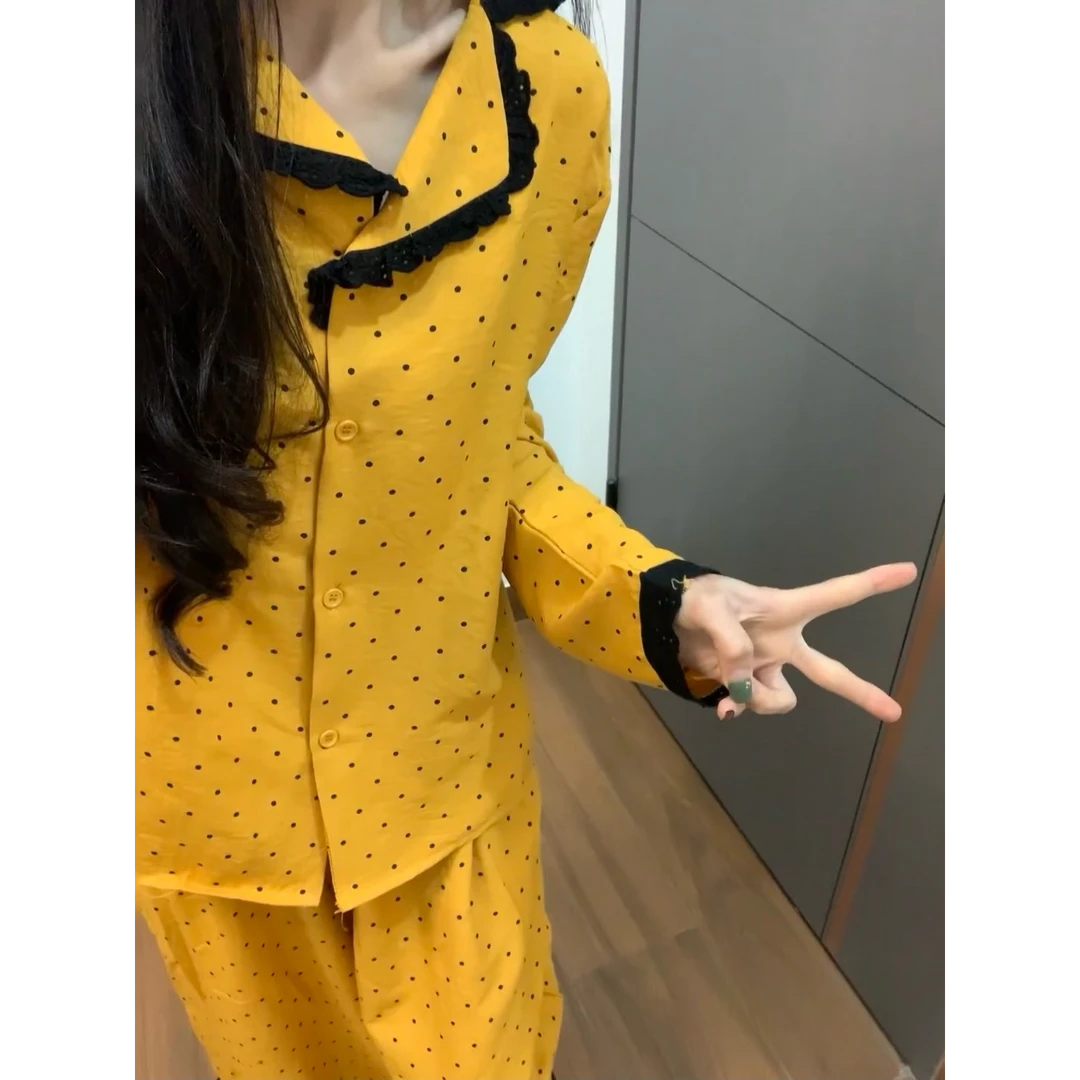 可爱洋气黄色波点睡衣女春夏季2025新款长裤家居套装两件套可外穿