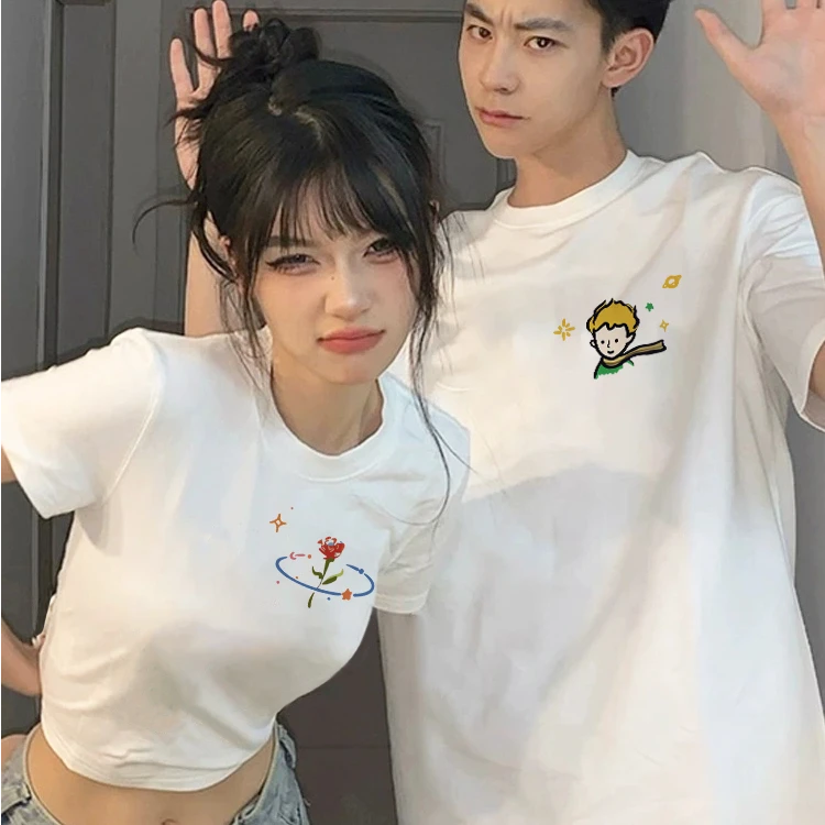 小王子玫瑰情侣装夏装2025新款收腰短款T恤短袖高级纯棉一长一短