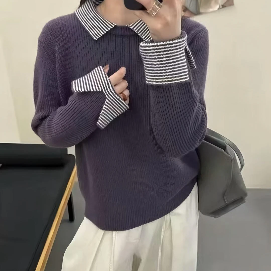 【紫罗兰】 方领时尚百搭长袖针织女2025年秋冬新款气质上衣