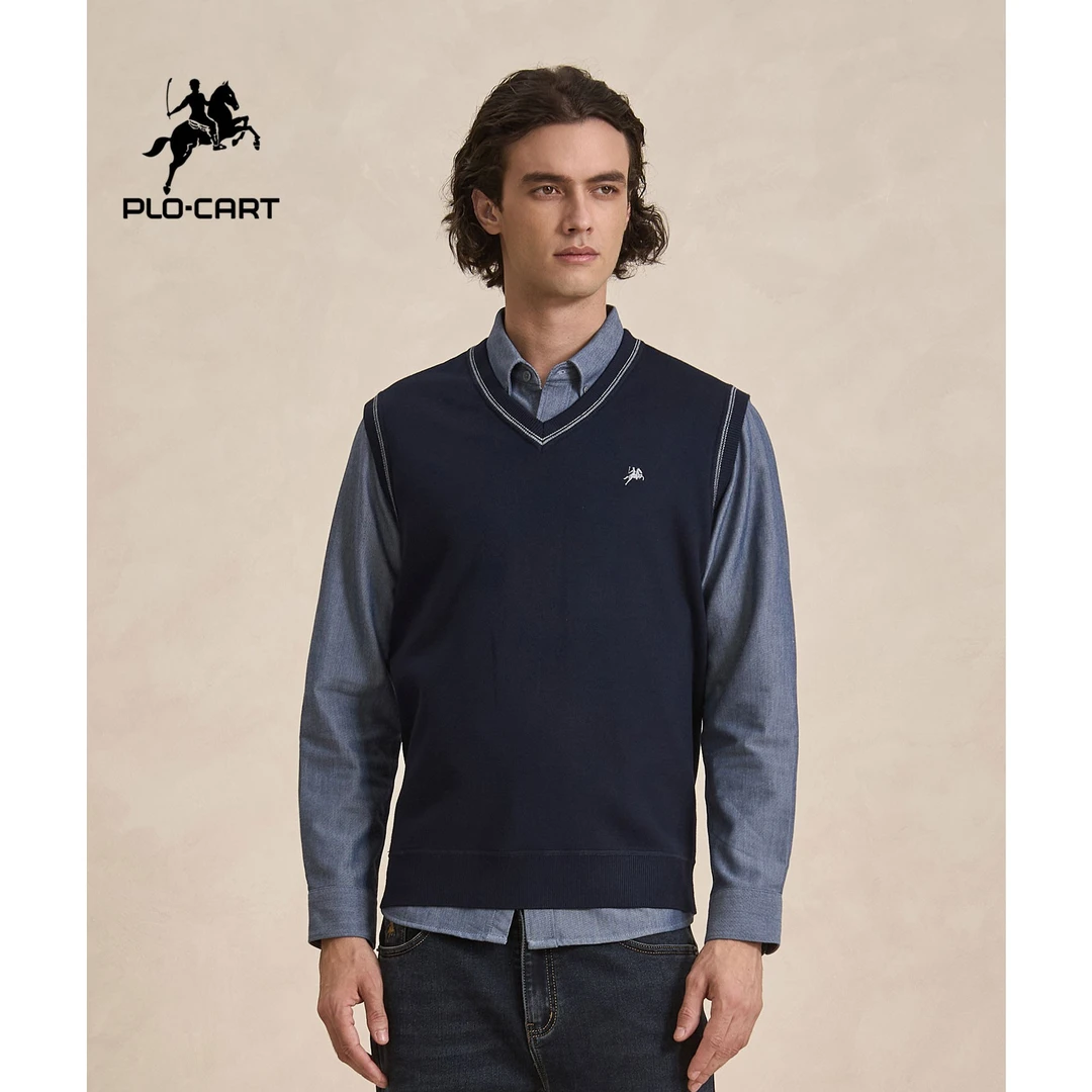保罗盖帝PLO CART 25年秋季新款男士V领套头加绒针织背心舒适百搭