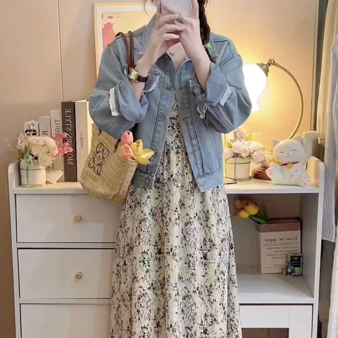 【库存在店铺另外连接】牛仔蕾丝拼接外套2025宽松休闲长袖夹克501#