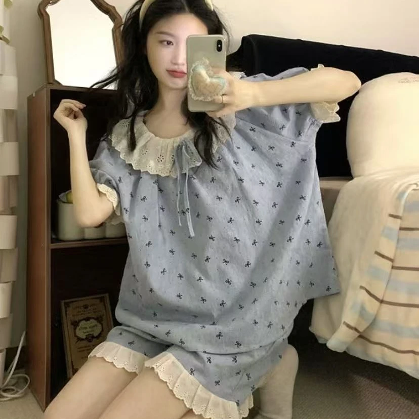 蝴蝶结短袖夏季女睡衣家居服套装公主风甜美学生韩版短裤薄款