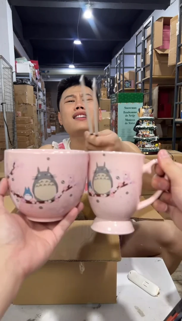 瓷片粉色龙猫 杯加碗 筷3件套