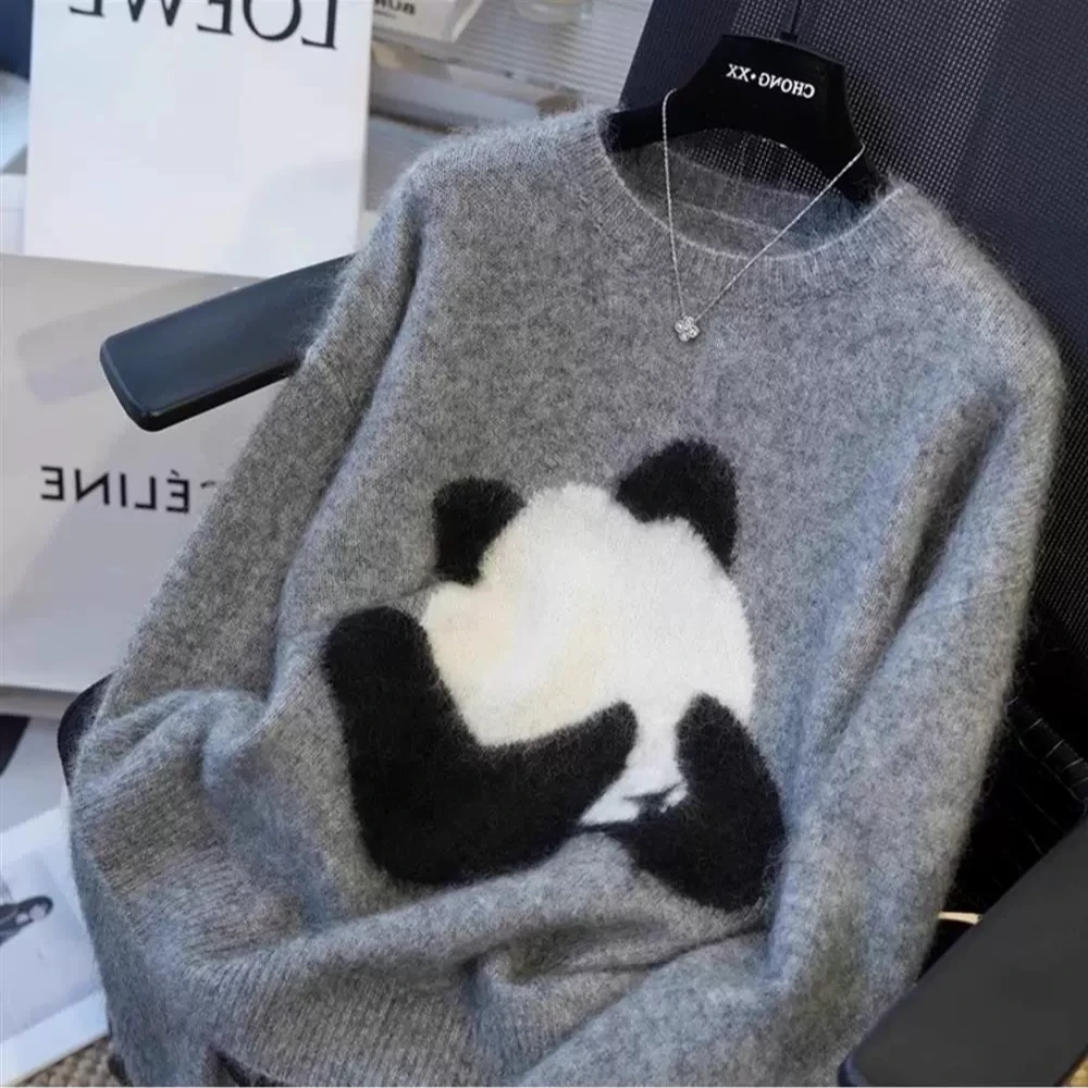线下款！【大熊猫】中长款秋冬圆领提花长袖针织衫秋冬女士毛衣-576