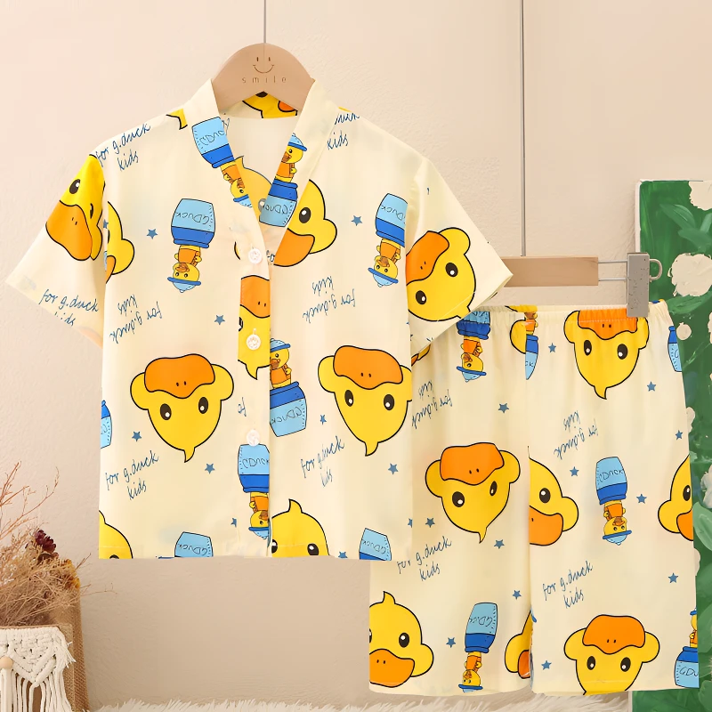 儿童睡衣夏季薄款男童小孩宝宝女童100％纯棉绸短袖短裤居家服套装