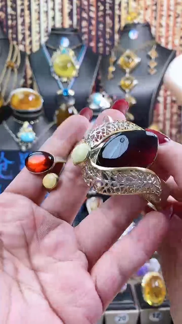 琥珀银S925镶嵌手镯血珀手镯戒指两件套