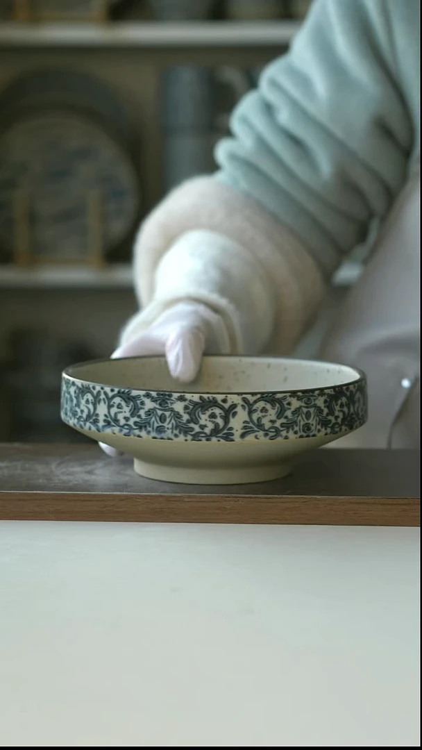 陶瓷粗陶手绘鸢尾花高足甜品碗17cm@7-6@