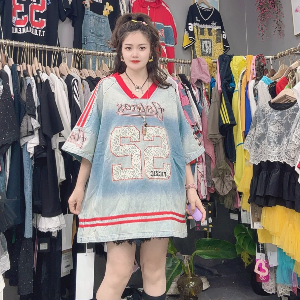 LY家36275#AF 52数字水洗牛仔V领宽松百搭休闲T恤