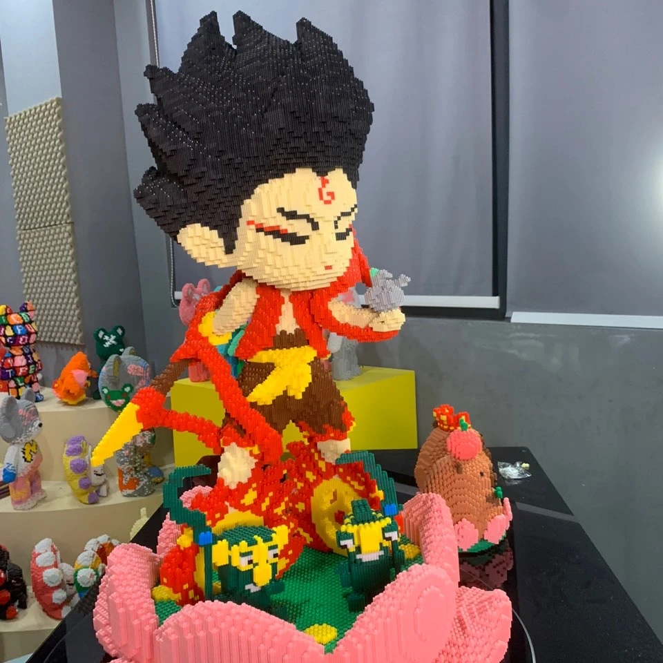 萌拼哪吒+莲花底座+两只结界兽积木益智拼接颗粒玩具女孩礼物摆件