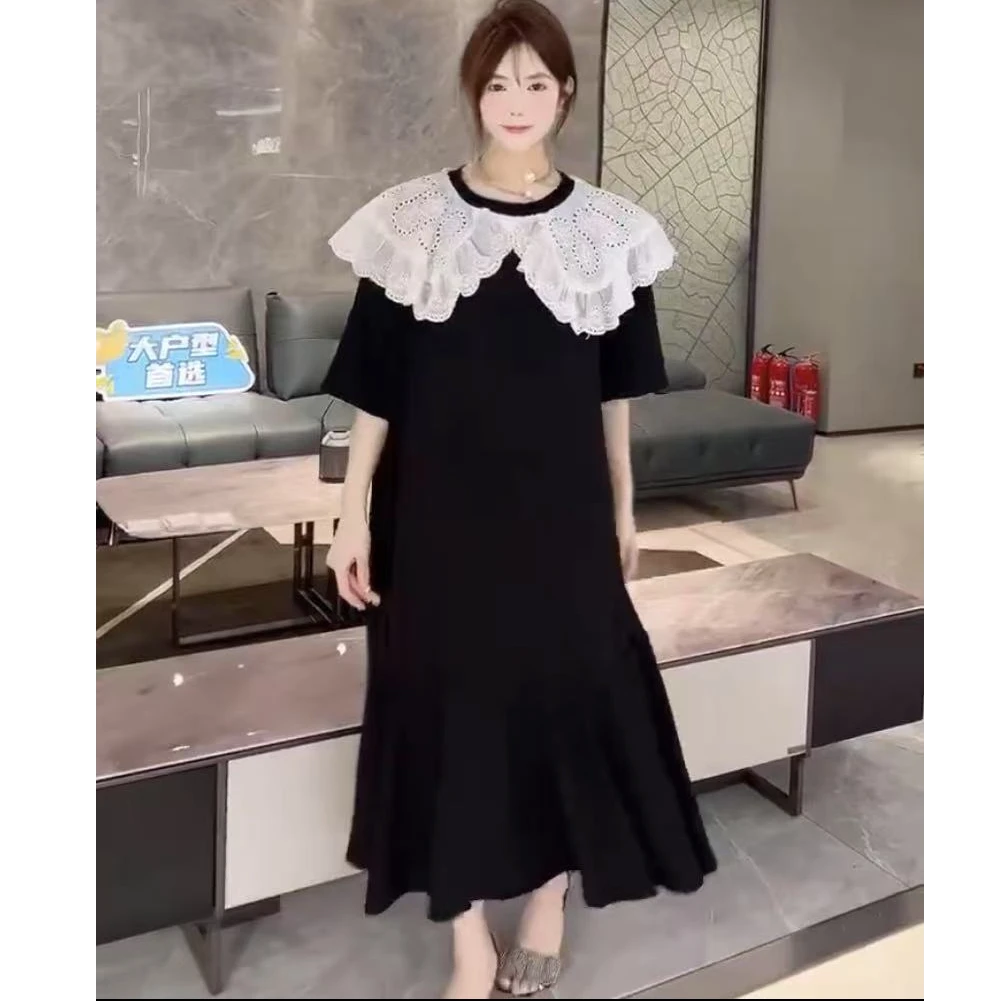 D041镂空夏季荷叶边娃娃领连衣裙连百搭显瘦街头套头长裙