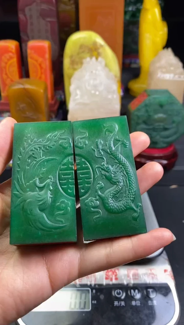 寿山石印石雅安绿龙凤双喜牌