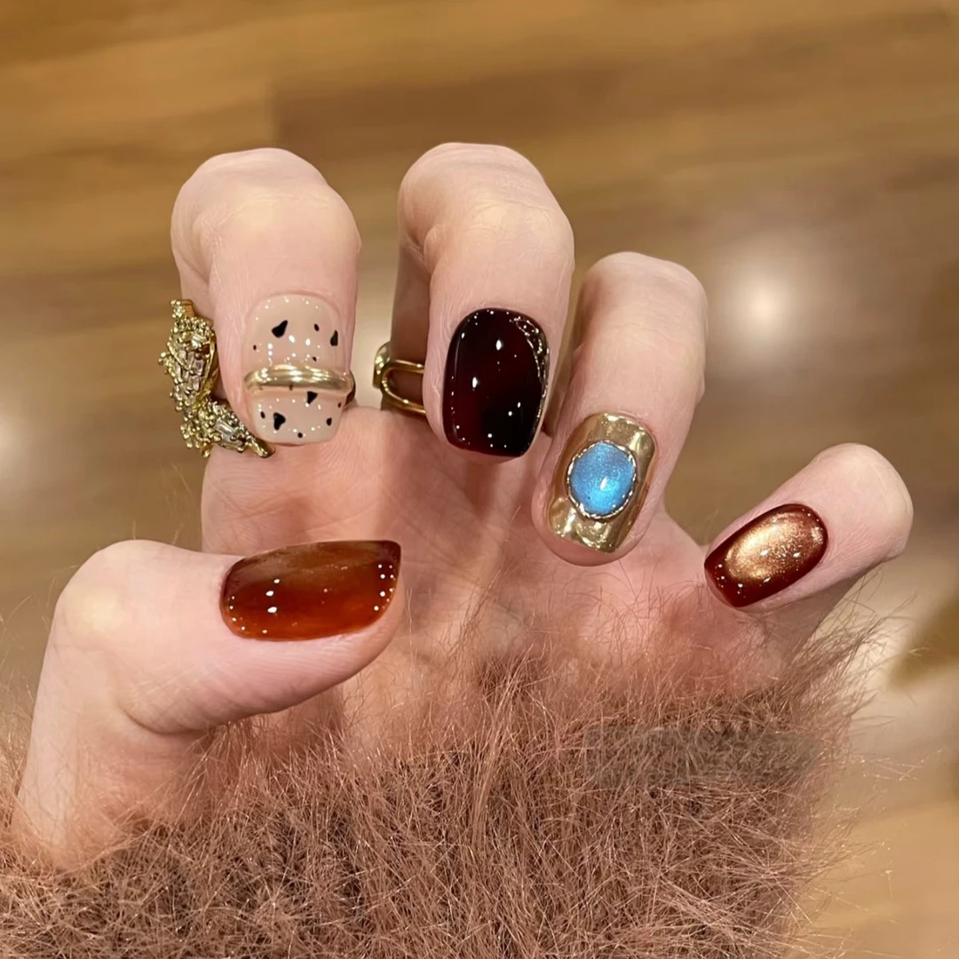 【奢棕星芒】纯手工穿戴甲秋冬新款奢华鎏金猫眼高级感气质显白轻奢