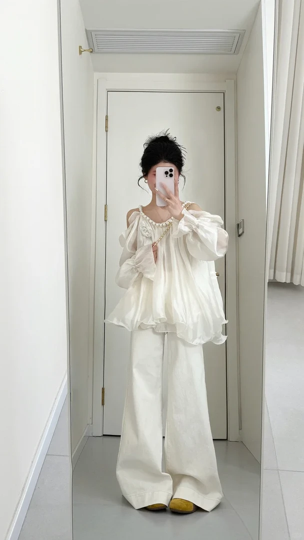 2025春夏新款韩系穿搭超仙设计感性感露肩上衣高腰阔腿裤两件套女