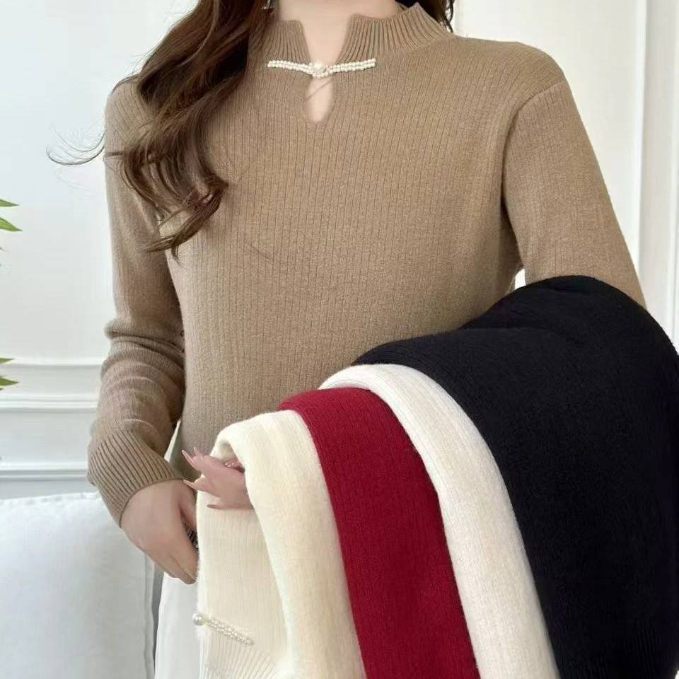 新款新中式国风盘扣一体绒针织打底衫显瘦遮肉百搭气质上衣C020