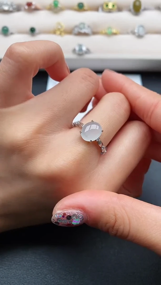 银S925镶嵌戒指翡翠缅甸天然A货翡翠11 5-5