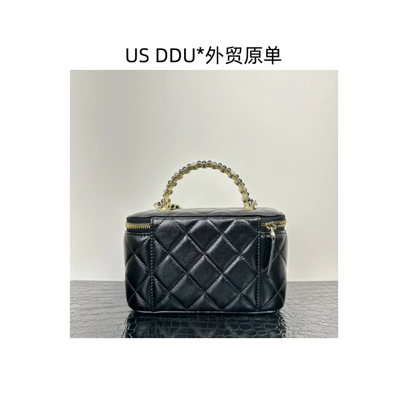 A38 珍珠手柄化妆盒小香风链条包流浪包菱格盒子包牛皮HC109-黑