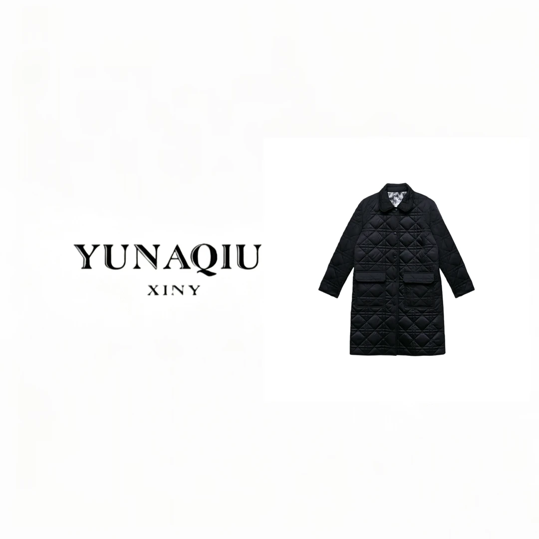 YUNAQIU-黑色中长款菱形格棉服-11850