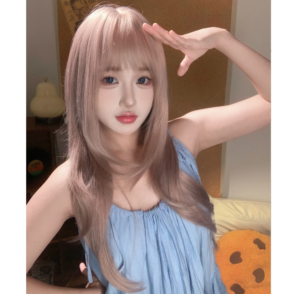 【玫瑰可露丽】齐刘海层次长款直发粉棕直发减龄显白女网红款假发
