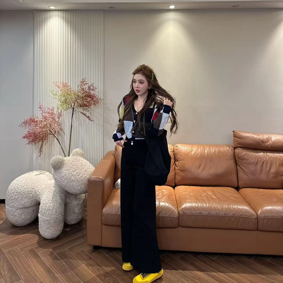 I17 韩系慵懒宽松彩色方块百搭显瘦开衫上衣 EI1701