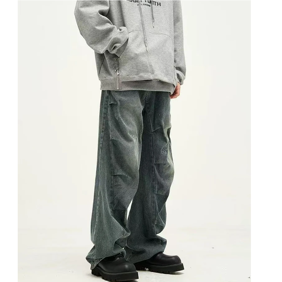 【3380】美式高街复古弯刀工装牛仔裤男春秋褶皱直筒宽松阔腿长裤