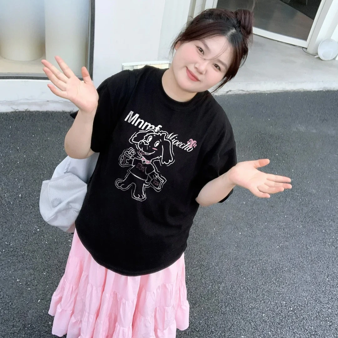 INS甜美粉色蝴蝶结小狗印花2025夏新款胖mm显瘦纯棉短袖#T020029