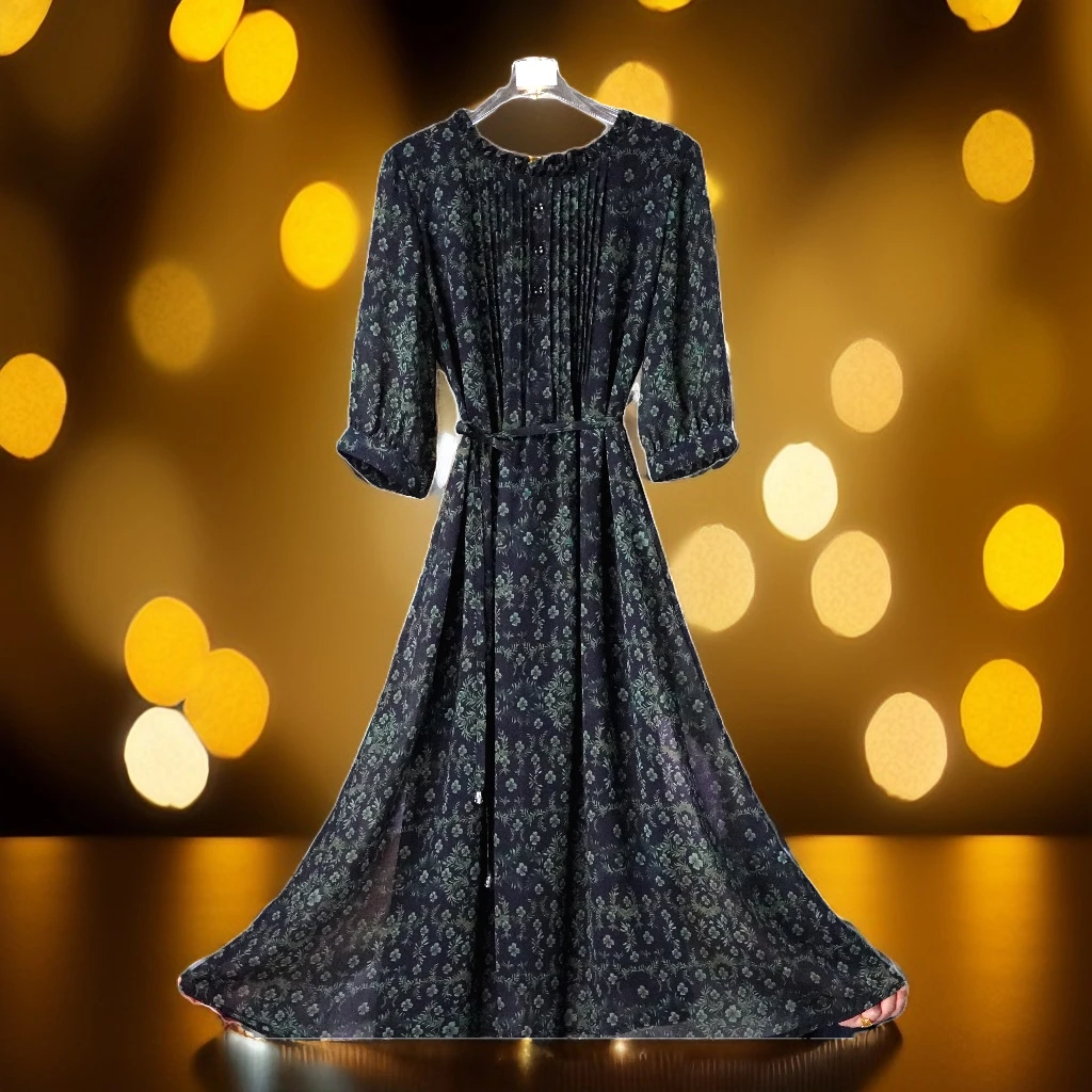 C92（ZJ）绿色长袖XH宽松连衣裙女装连衣裙显瘦碎花长款备用