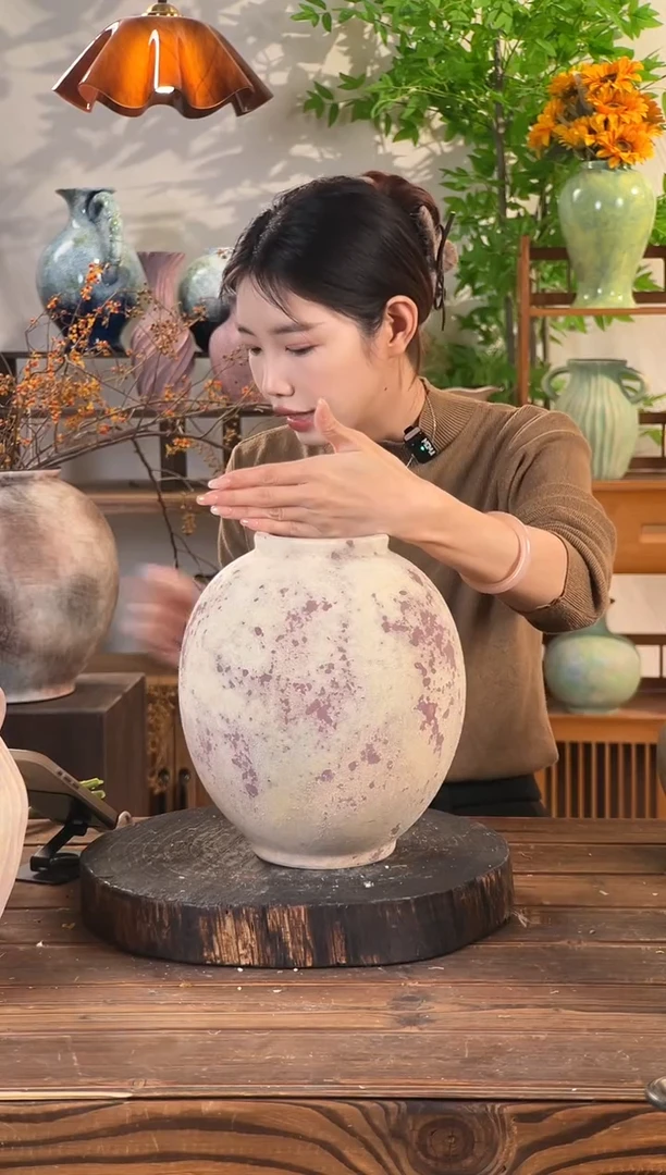 【斑点红月亮罐】侘寂风斑驳陶罐水培陶瓷花瓶【口10直径24高24.5cm】